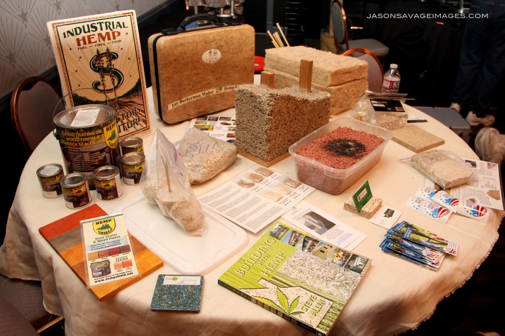 Various hempcrete products on display, including the burned hempcrete brick used to test the fire-proof qualities of hempcrete by Oregon Hemp Works.