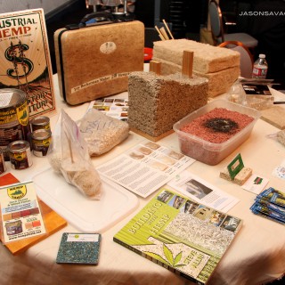 Various hempcrete products on display, including the burned hempcrete brick used to test the fire-proof qualities of hempcrete by Oregon Hemp Works.