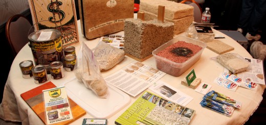 Various hempcrete products on display, including the burned hempcrete brick used to test the fire-proof qualities of hempcrete by Oregon Hemp Works.